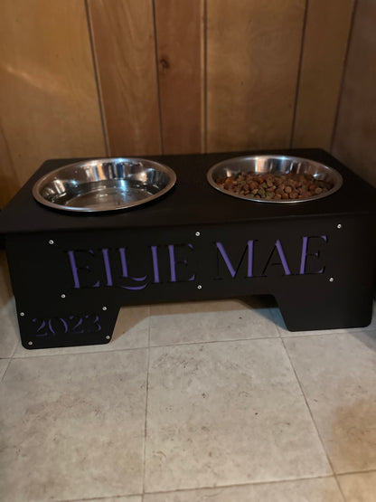 Custom CNC Pet Food Stand – Personalized with Name & Birthday | DOUBLE BOWL | Made to Order  | Stainless Steel Bowls Included